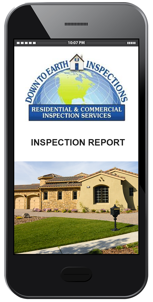 Mobile phone showing a Down To Earth Inspections sample home inspection report.